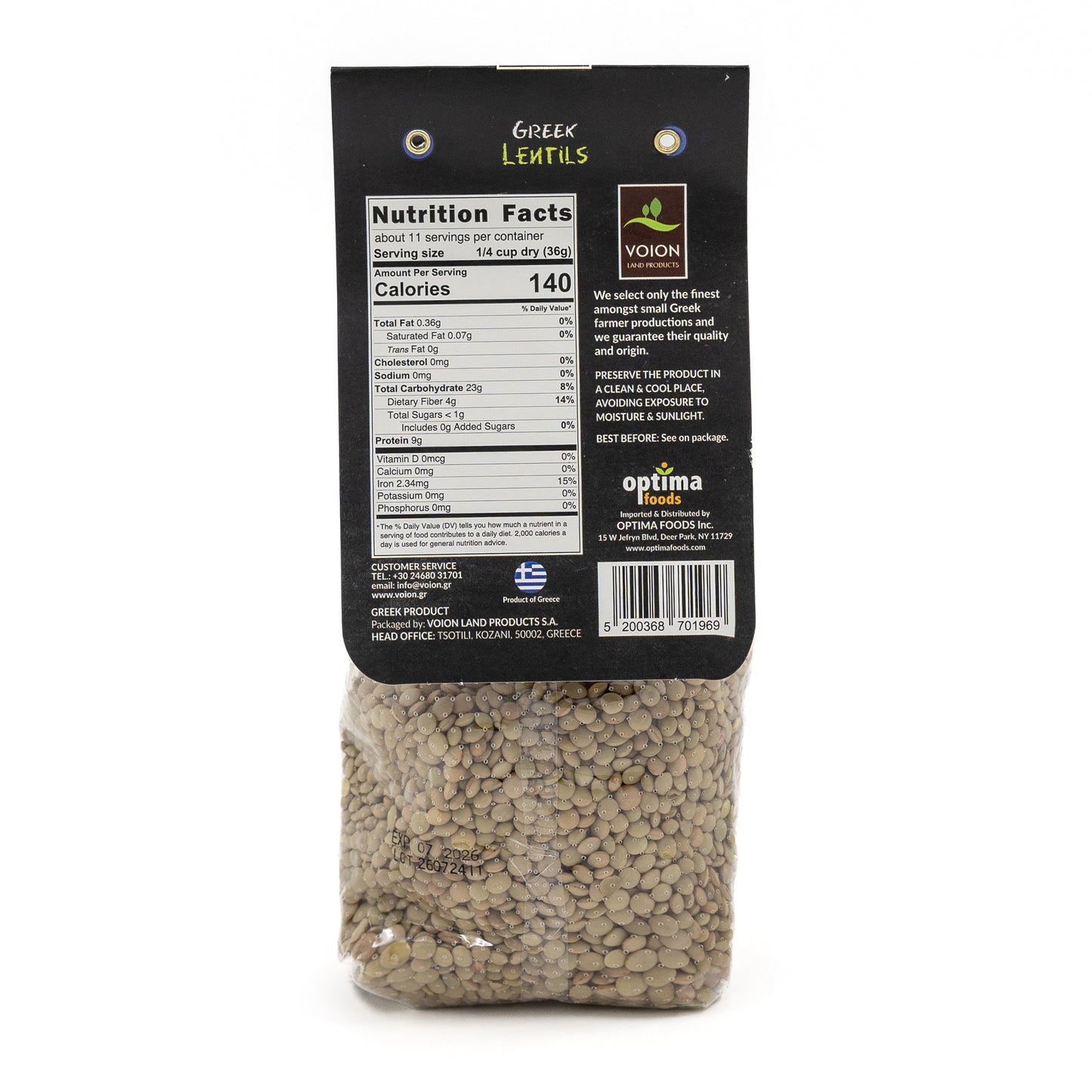 Bag of Greek lentils with nutrition label on a white background
