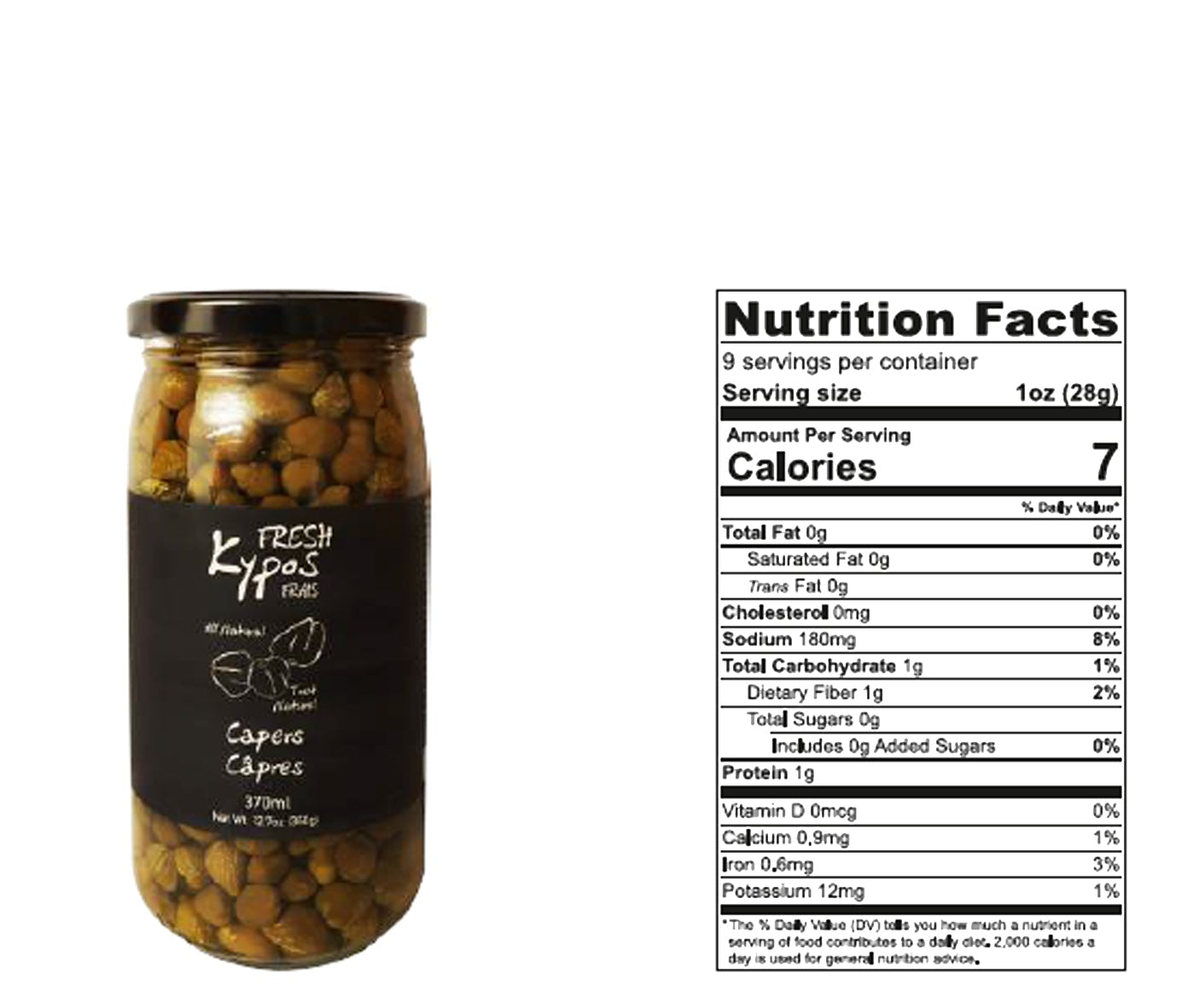 Jar of capers with a nutrition facts label on a white background