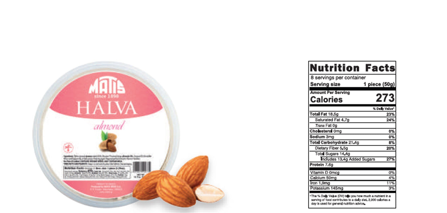 Product label with nutritional information, ingredients, and packaging details on a white background