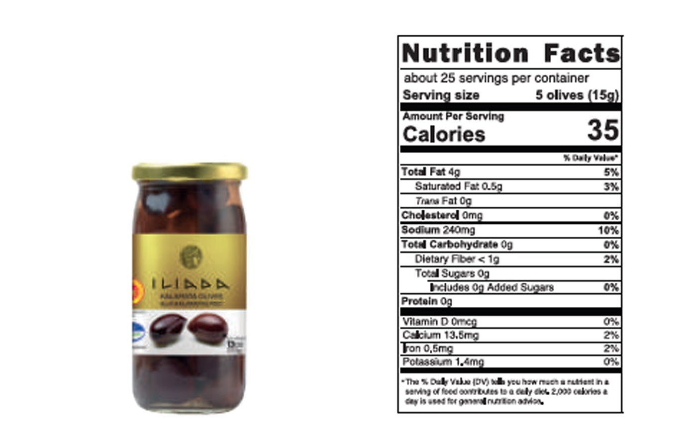 Jar of olives with nutrition facts label on a white background