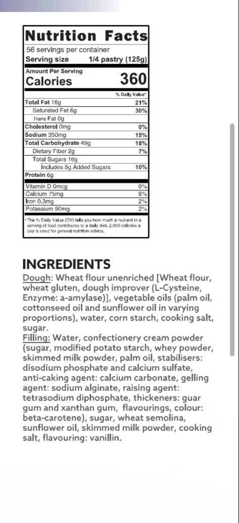 Nutrition facts label and ingredients list on a white background