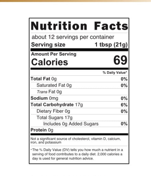 Nutrition label and product details for a jar of Greek & Raw honey.