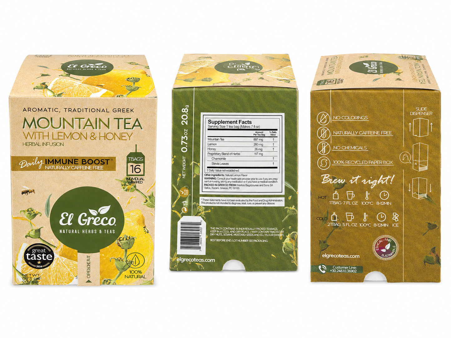 Three boxes of El Greco Mountain Tea with Lemon and Honey on a white background