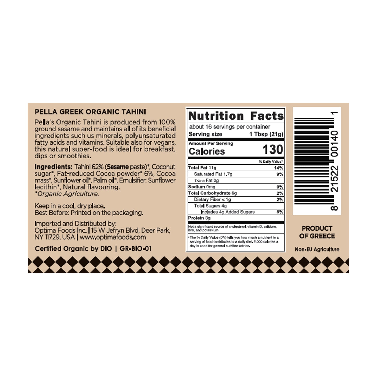 Nutrition label for Pella Greek Organic Tahini on a white background