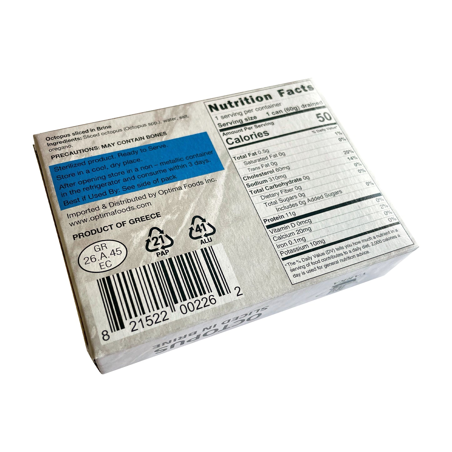 Back of Varka octopus packaging with nutrition facts, ingredients, barcode, and product of Greece labeling