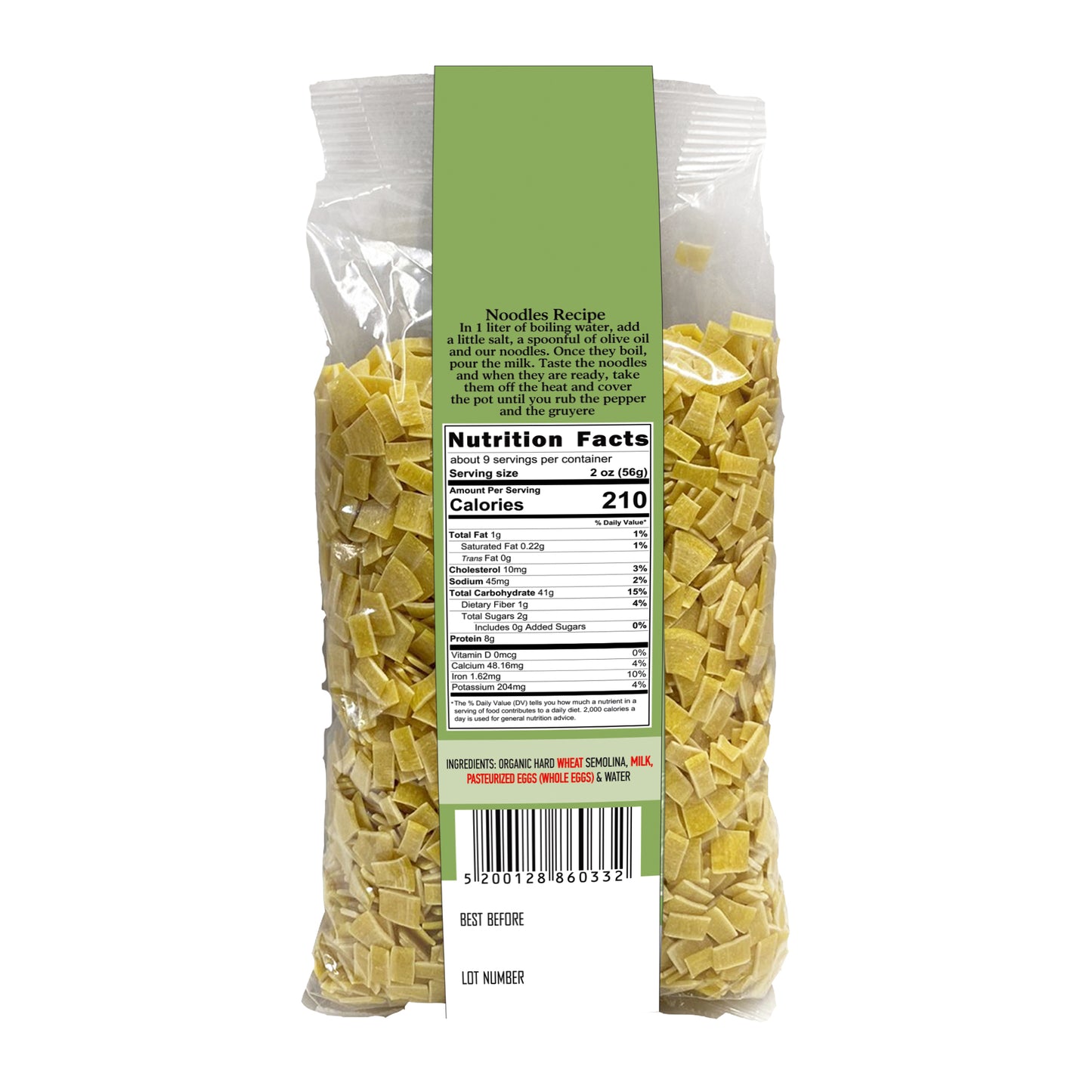Back of Sitos noodles package with nutrition facts, ingredients including wheat, milk, and eggs, and barcode