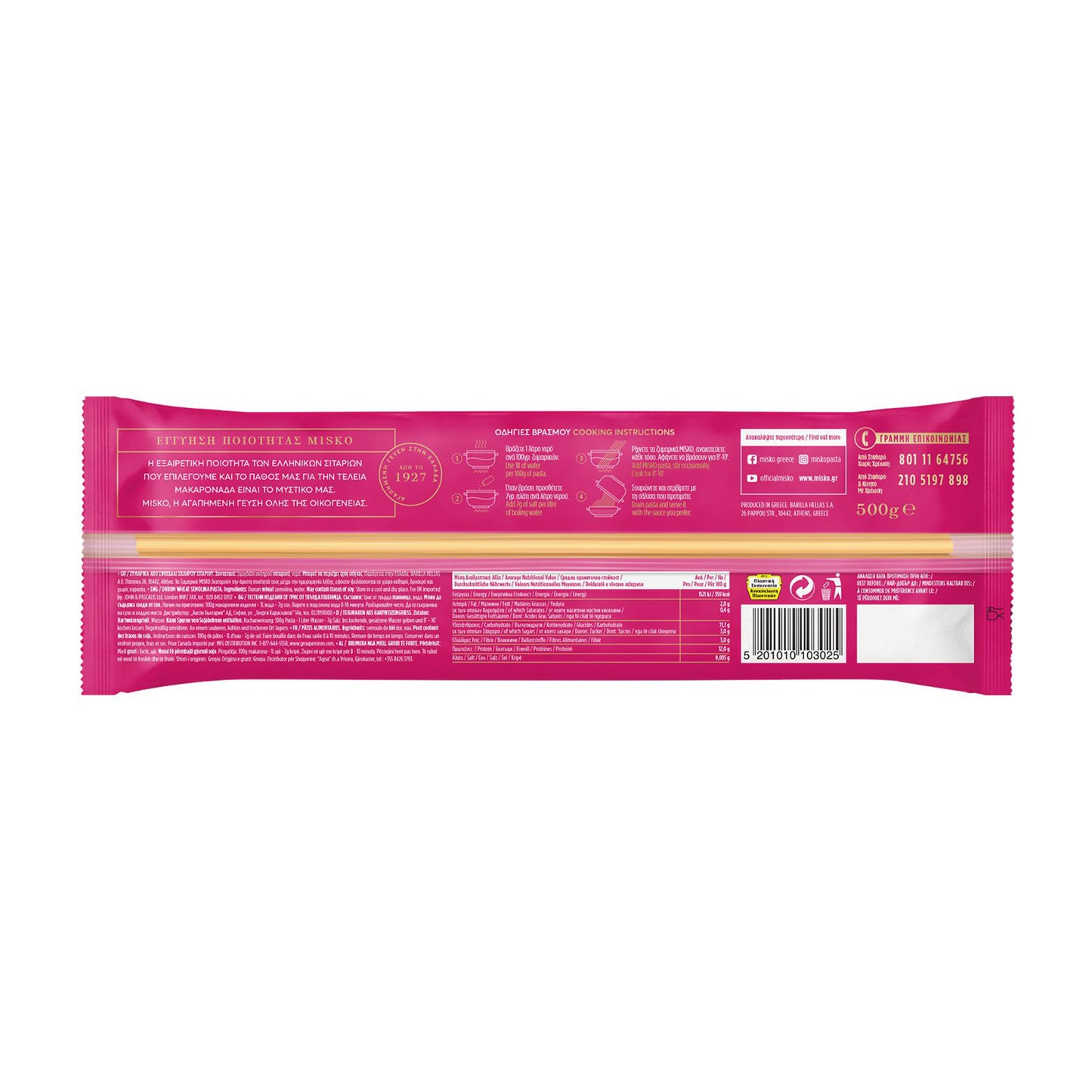 Back of Misko pasta package with cooking instructions, nutrition facts, and product information