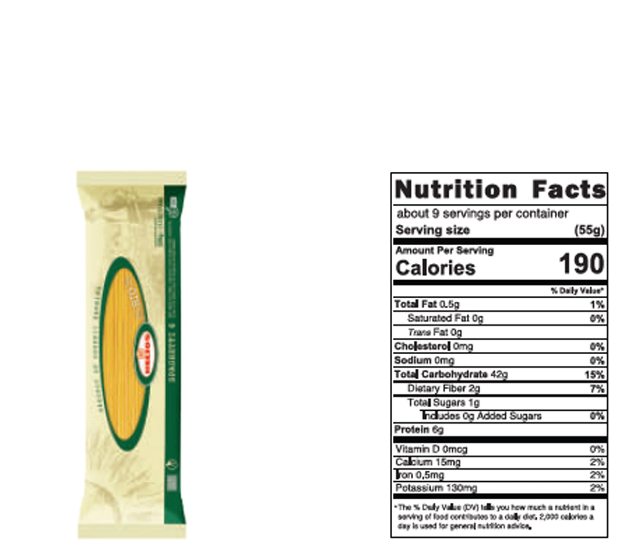 Bag of pasta with a nutrition facts label on a white background