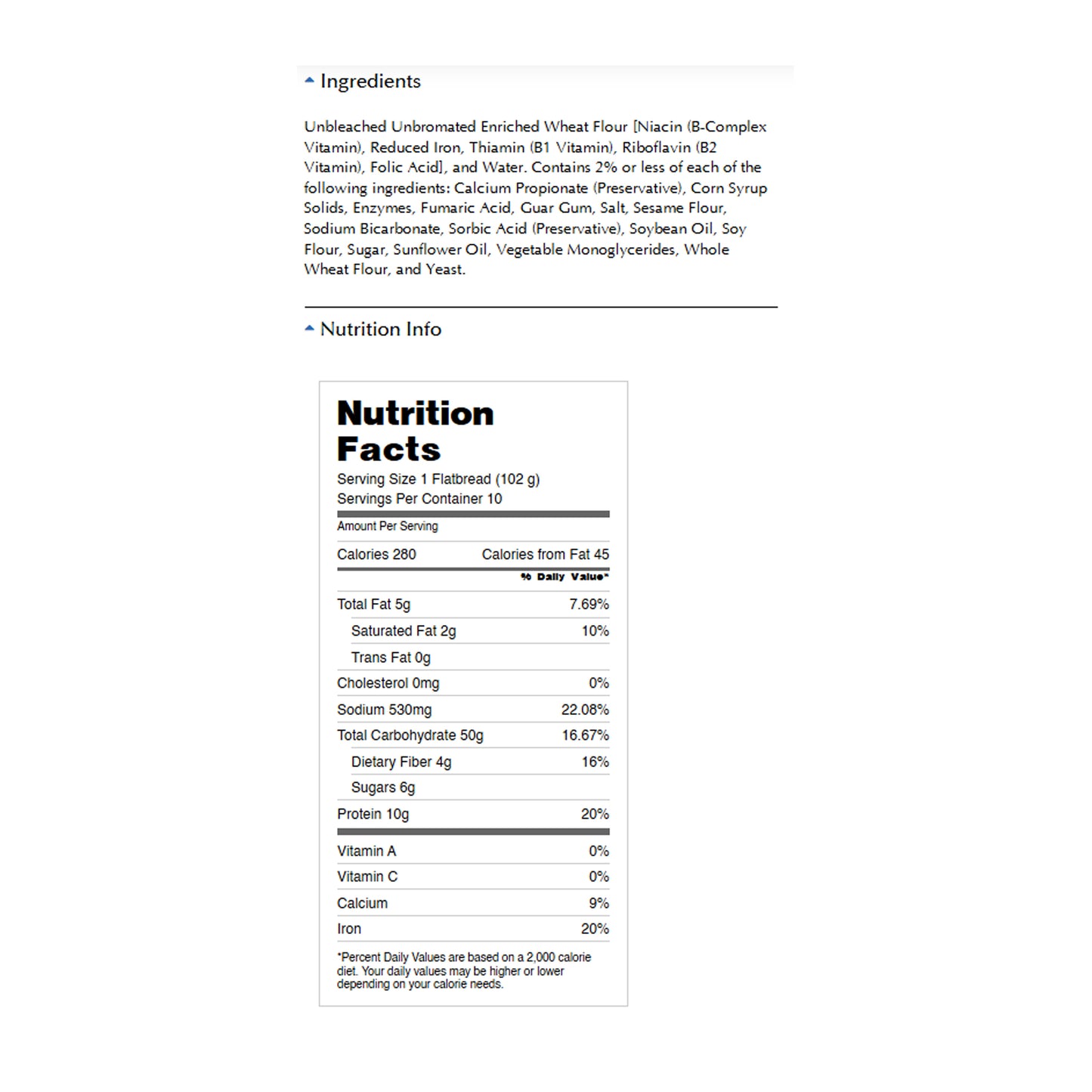 Nutrition facts and ingredient label for Kontos panini bread showing calories, ingredients, and allergen information