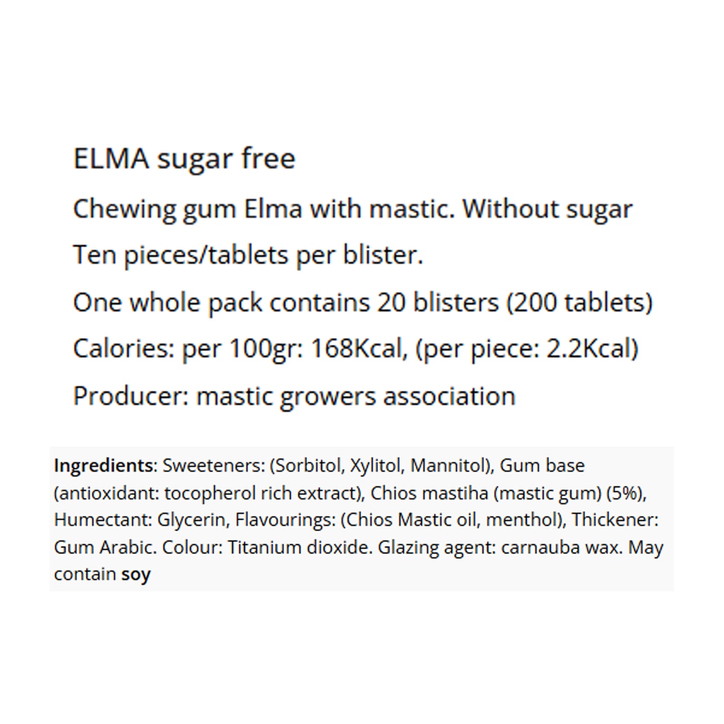 Product information showing ingredients and details for ELMA mastic gum
