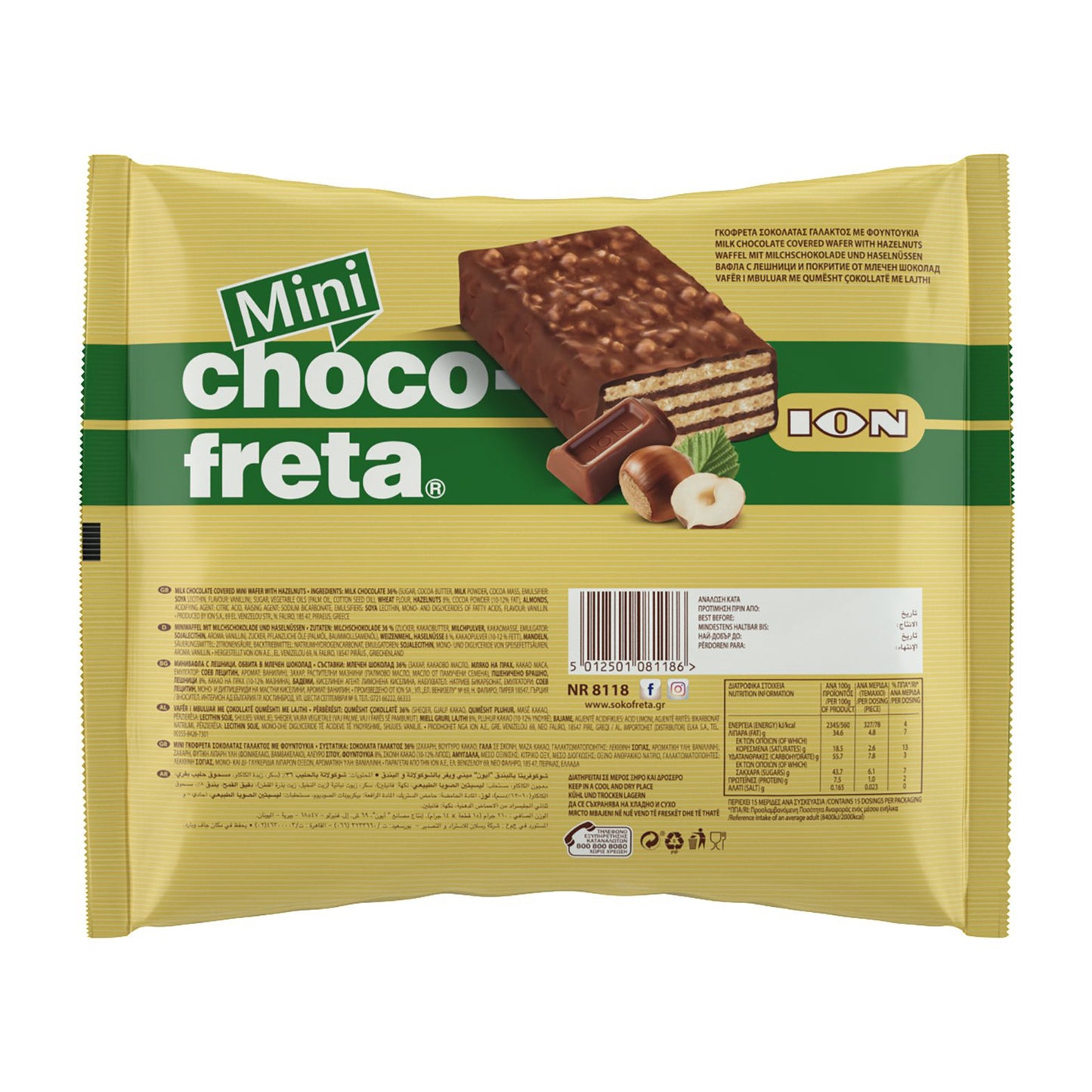Back of ION Mini Chocofreta wafer bites packaging showing ingredients, nutrition facts, and product details