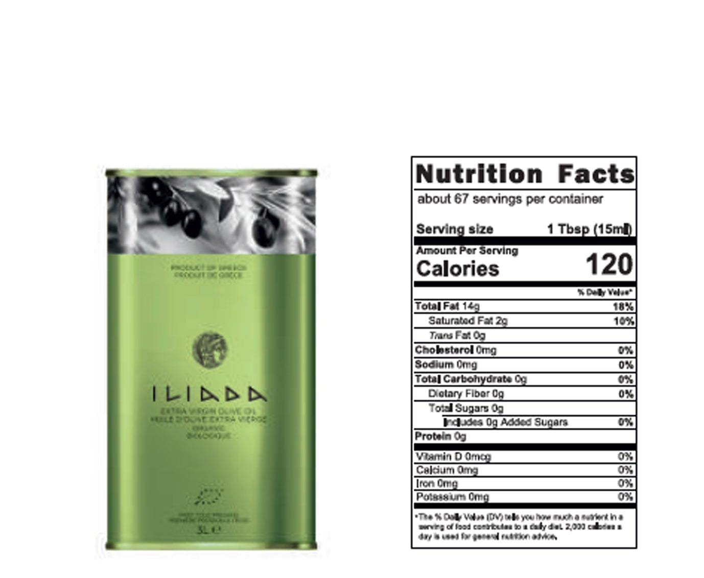 Green olive oil can with nutrition facts label on a white background