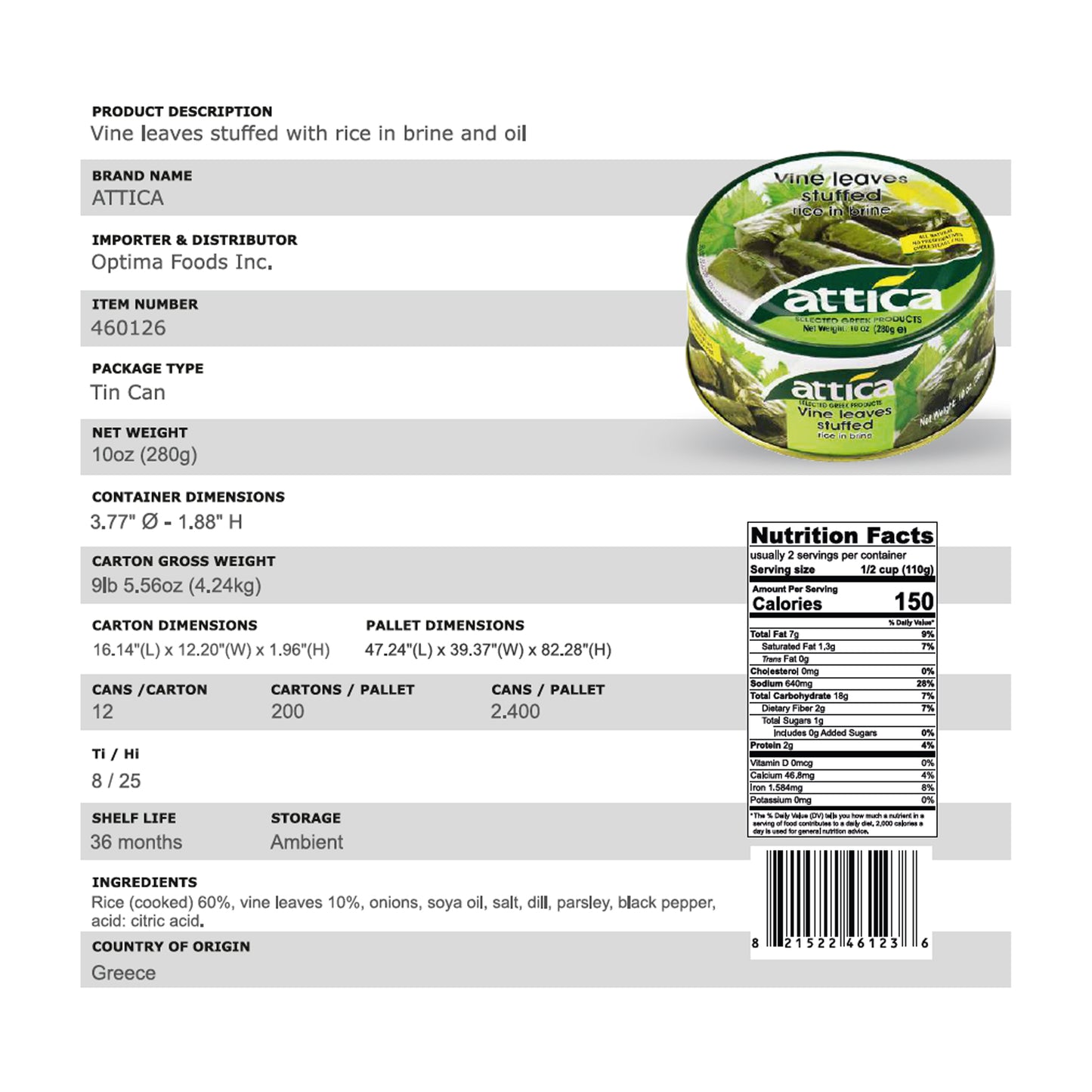 Product specification and nutrition facts sheet for Attica stuffed vine leaves with rice in brine and oil.