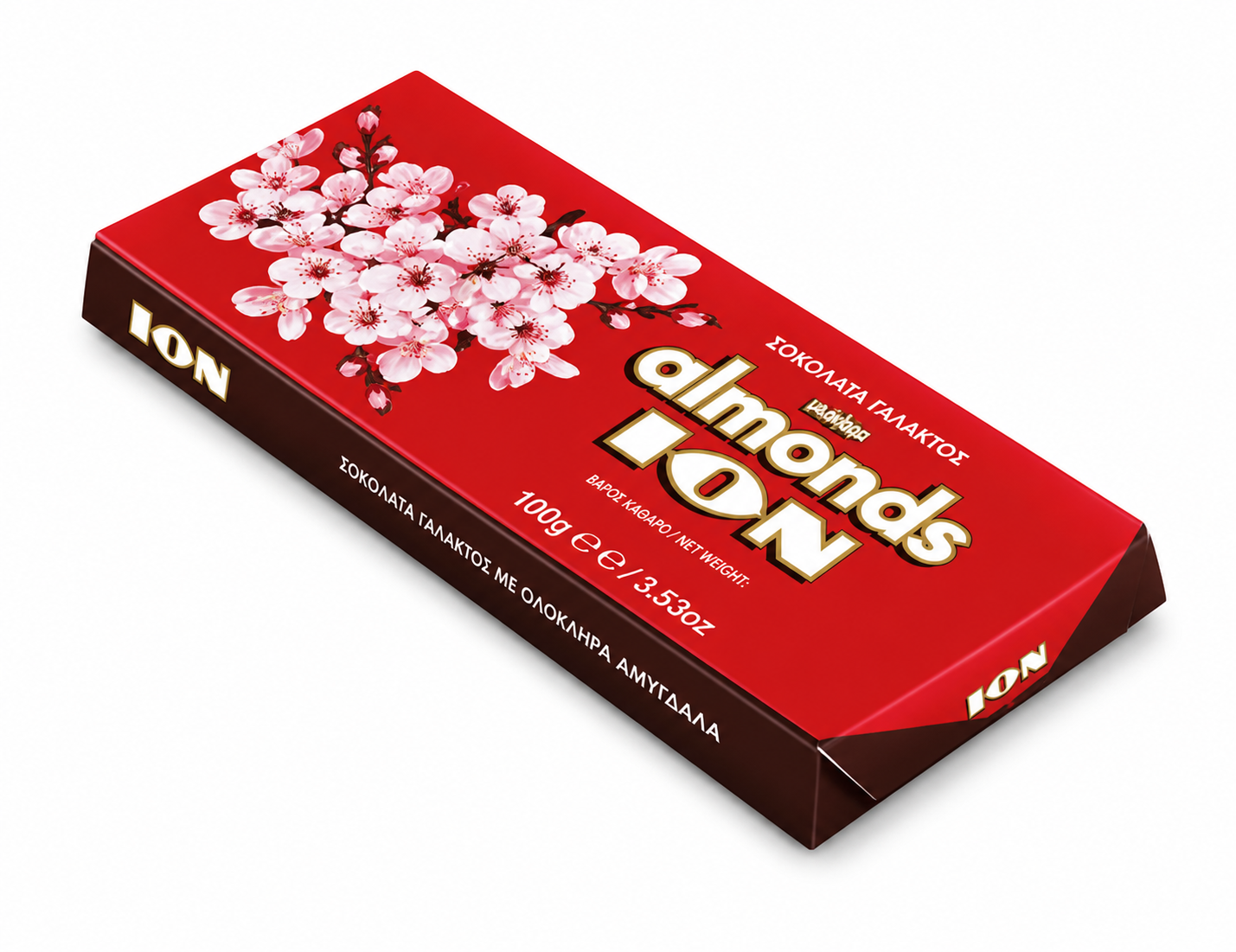 Ion milk chocolate bar with whole almonds in pink floral packaging.