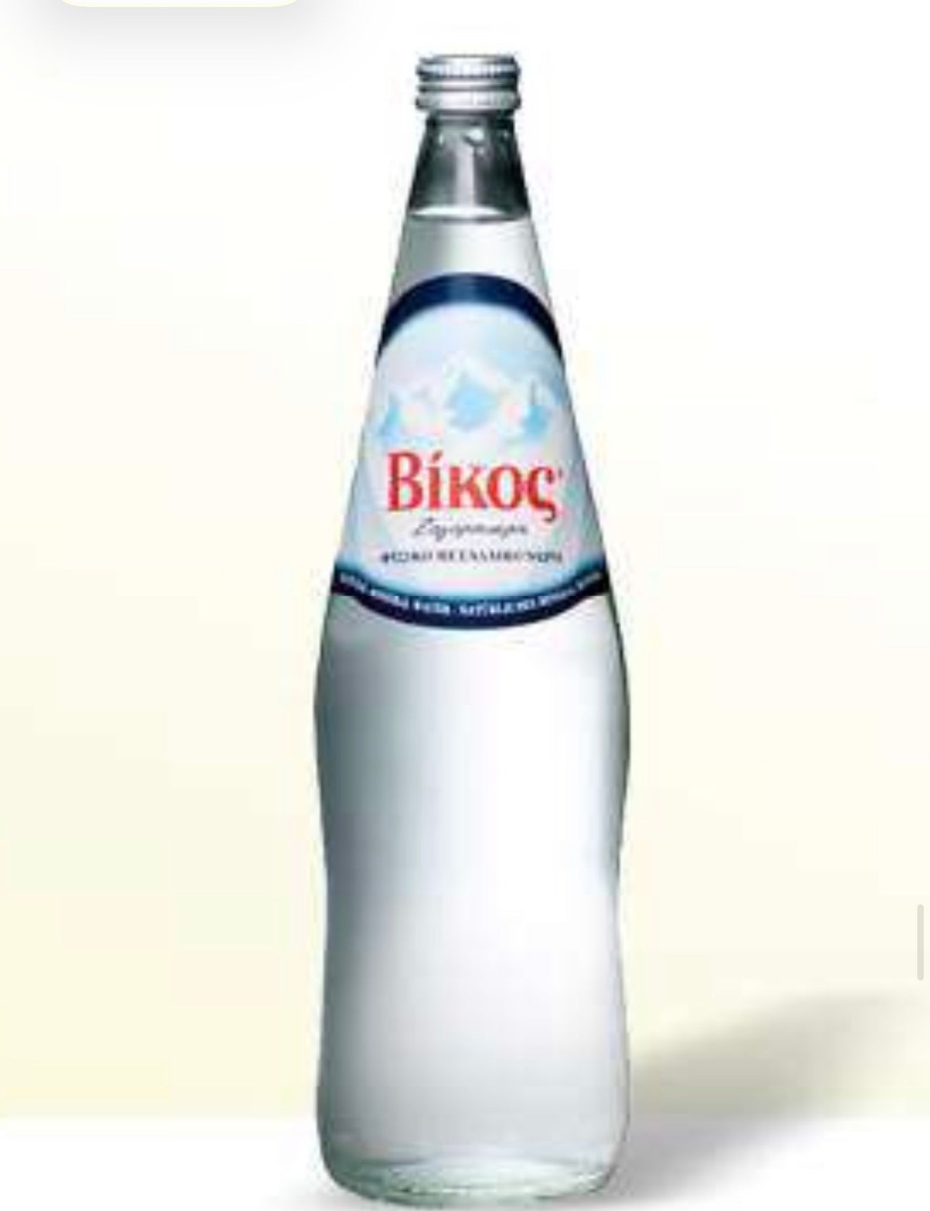Glass bottle of Vikos natural mineral water with blue and red label on a plain light background.