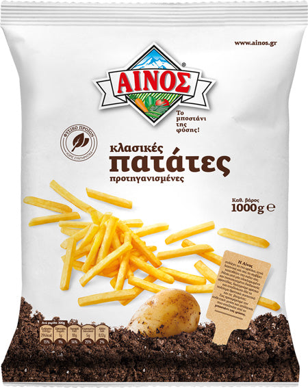 Bag of Ainos classic frozen French fries with image of fries and a potato on white packaging.
