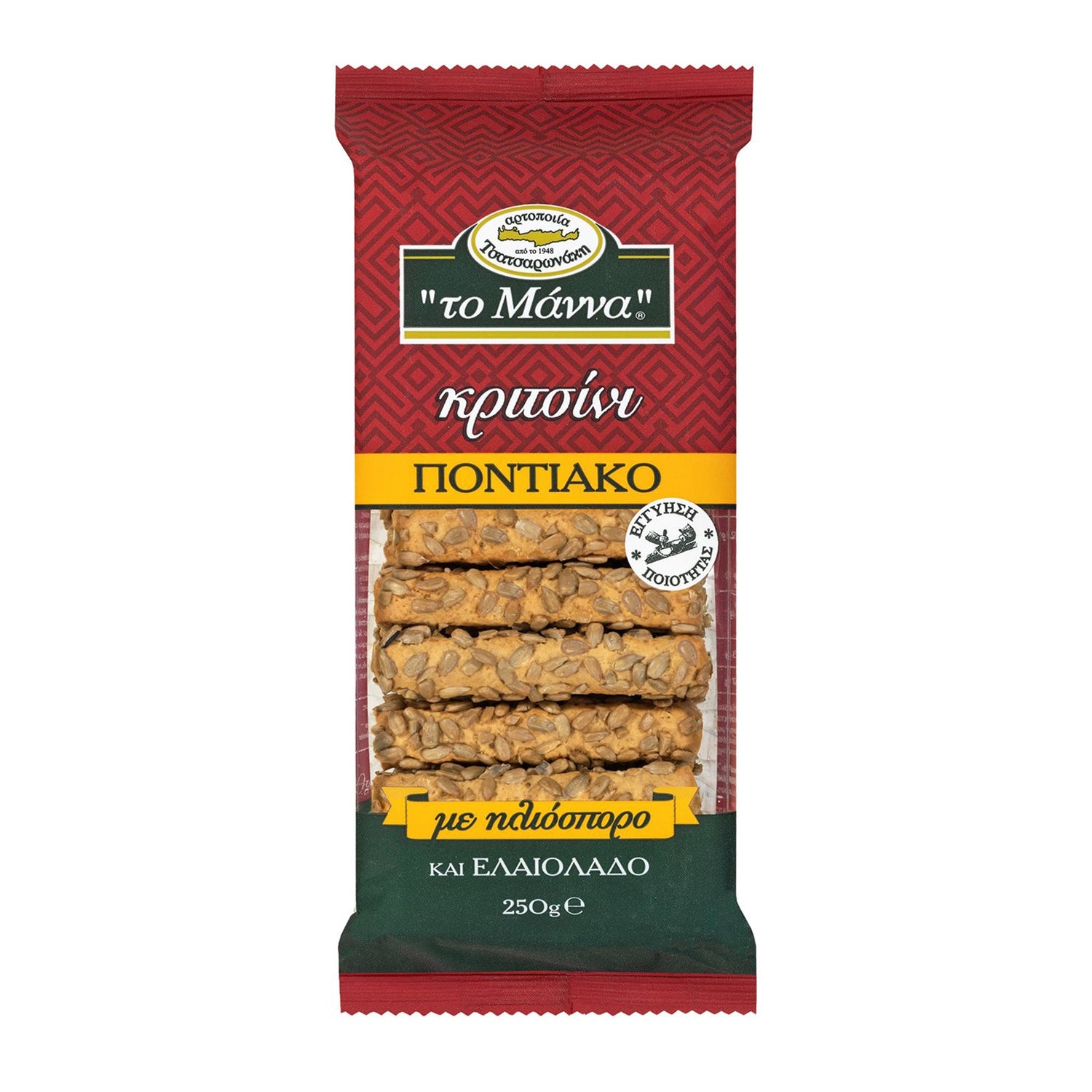 Package of Greek sunflower seed breadsticks with olive oil in a red and green bag, featuring visible seeded breadsticks through a clear window.