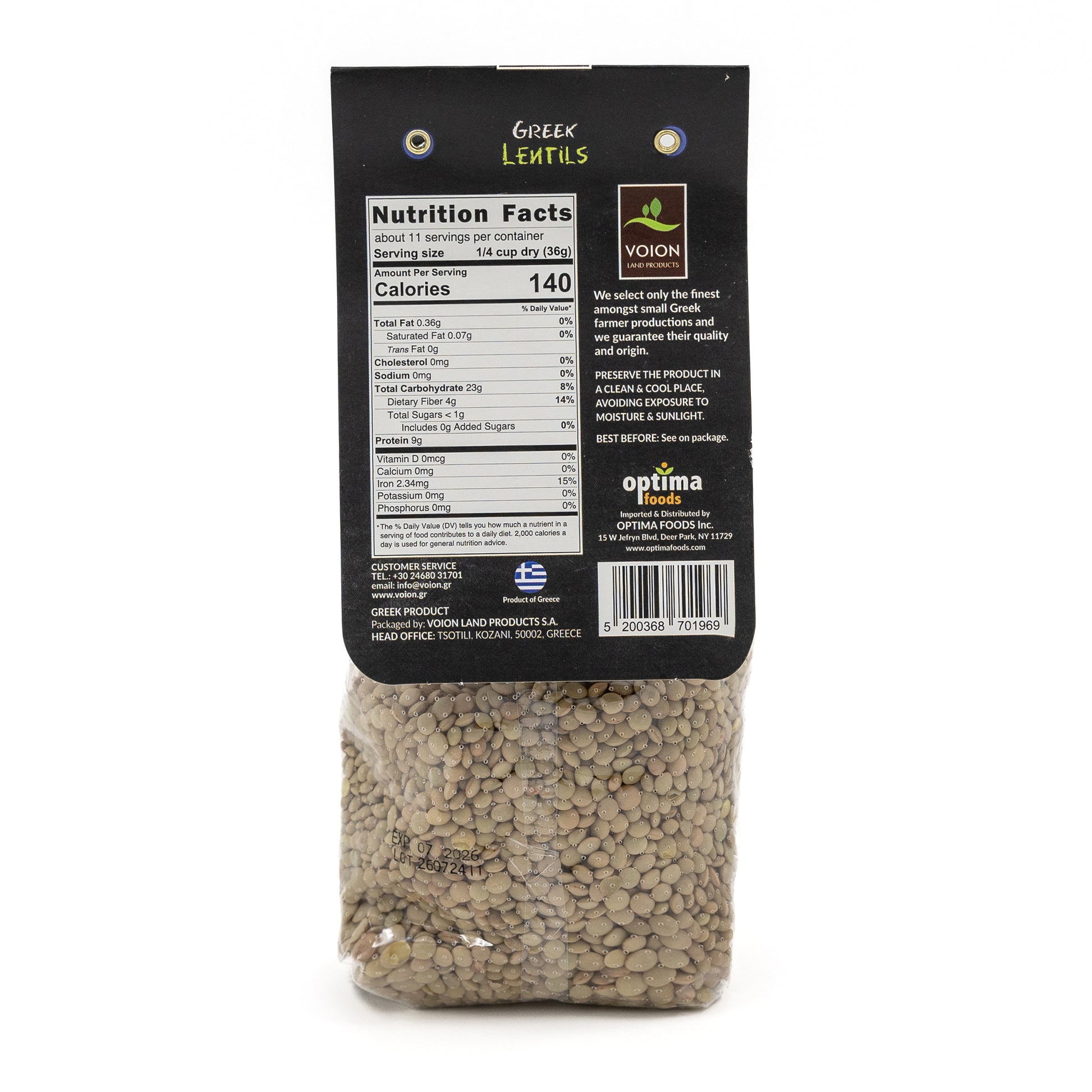 Bag of Greek lentils with nutrition label on a white background