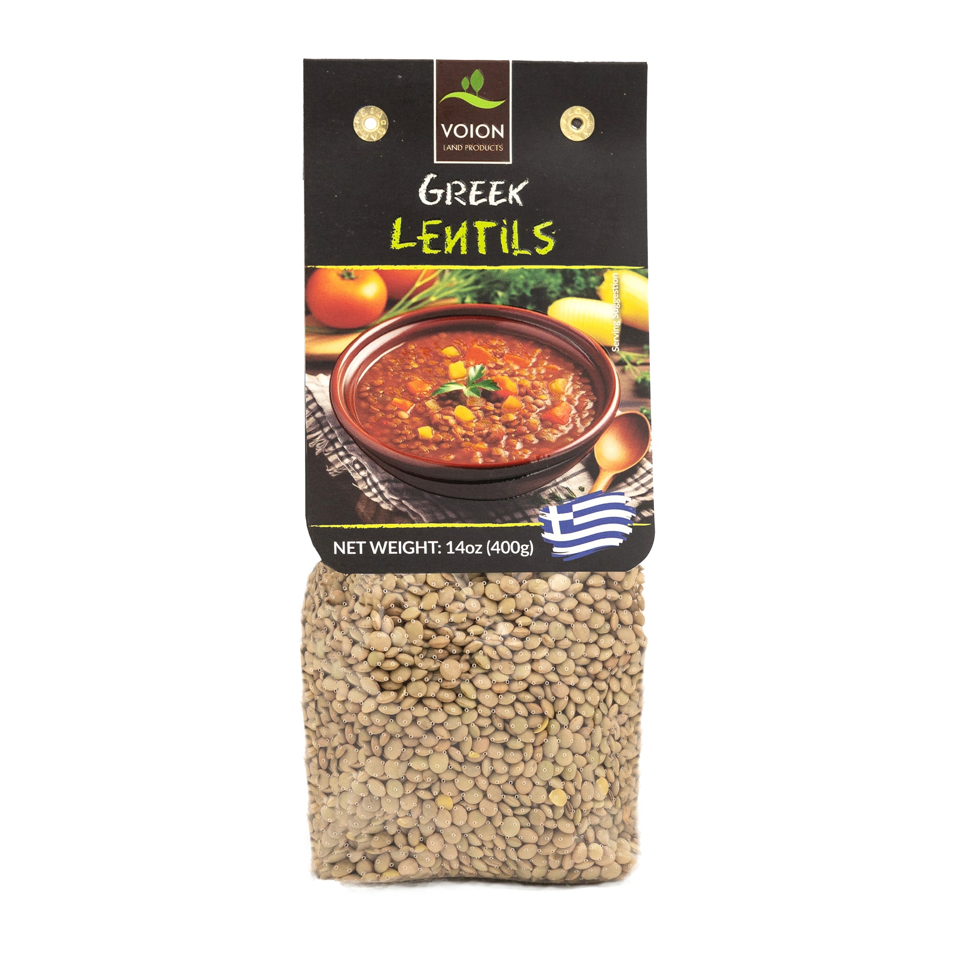 Bag of Greek lentils with a label showing a bowl of soup and vegetables on a white background