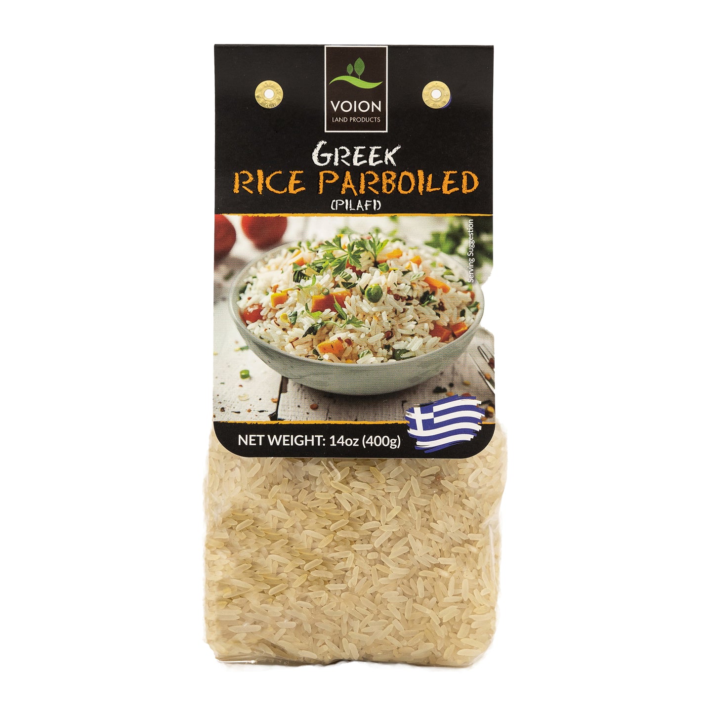 Package of Voion Greek Rice Parboiled on a white background
