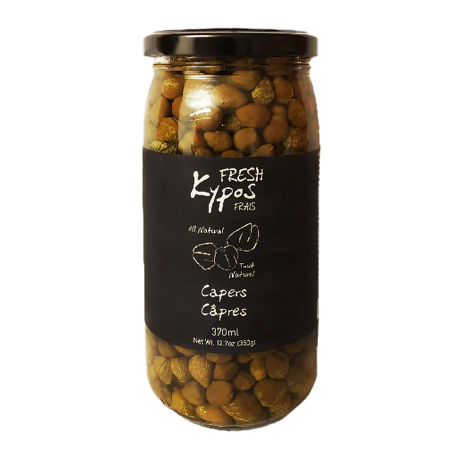 Jar of capers with a black label on a white background