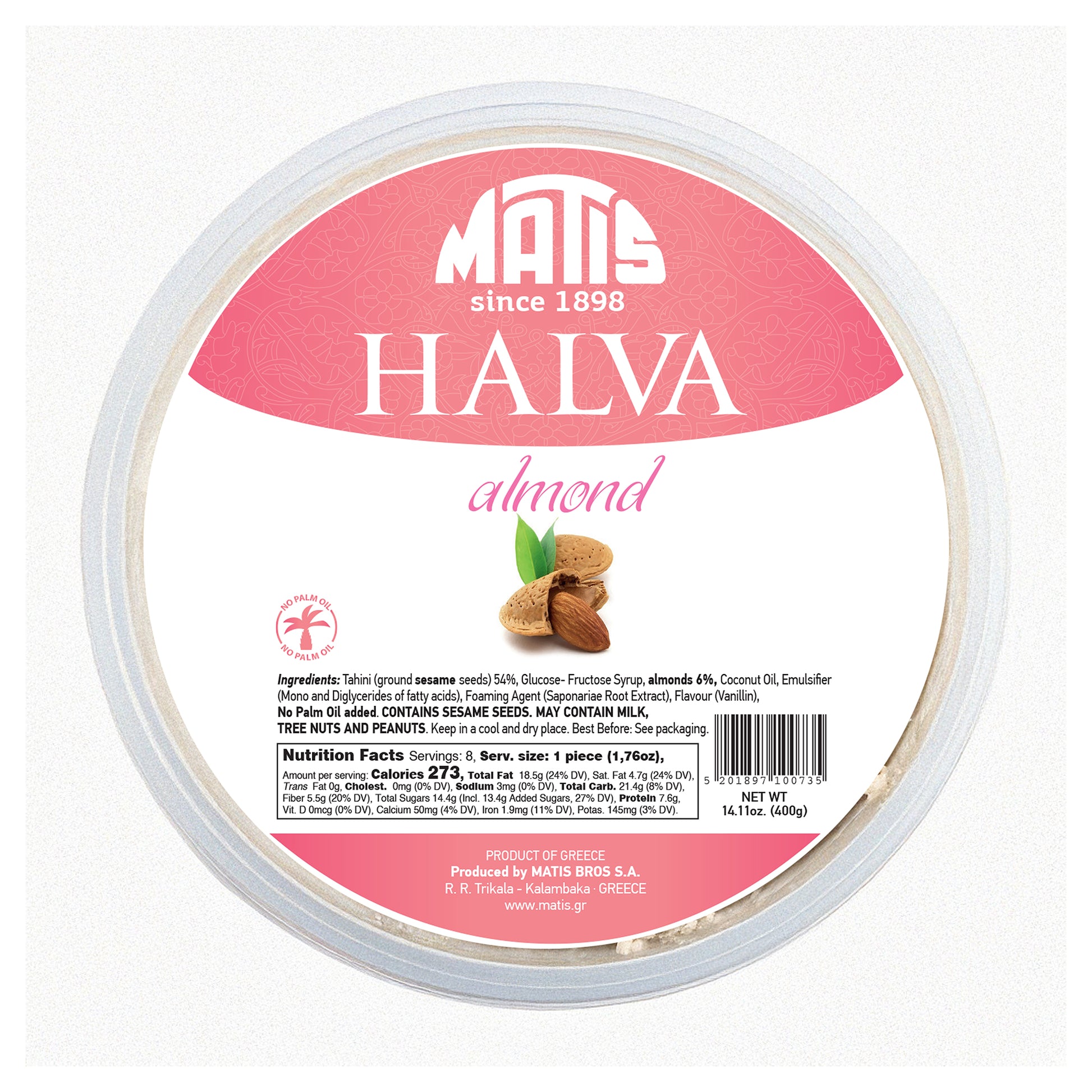 Round container of Greek halva with almonds sesame dessert