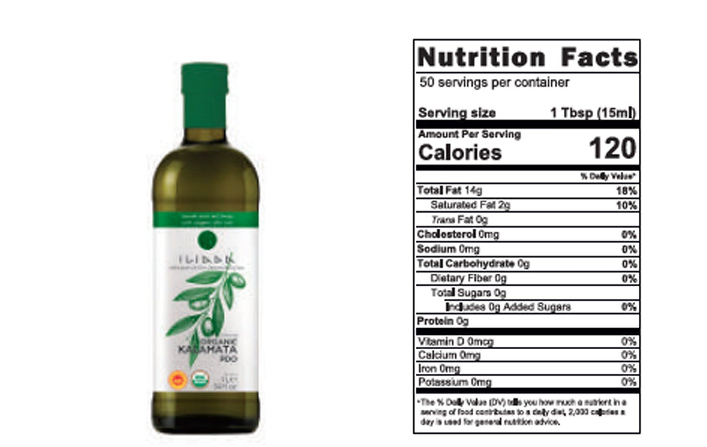 Bottle of olive oil with a nutrition facts label on a white background