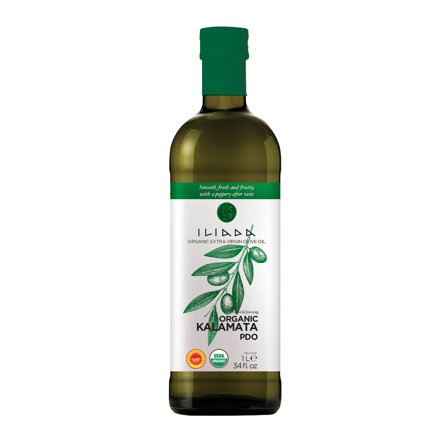 Bottle of Iliada Organic Kalamata PDO olive oil on a white background