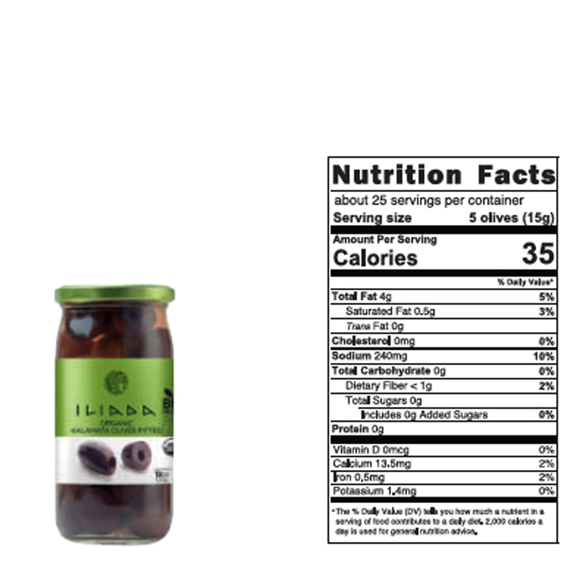 Jar of olives with nutrition facts label on a white background