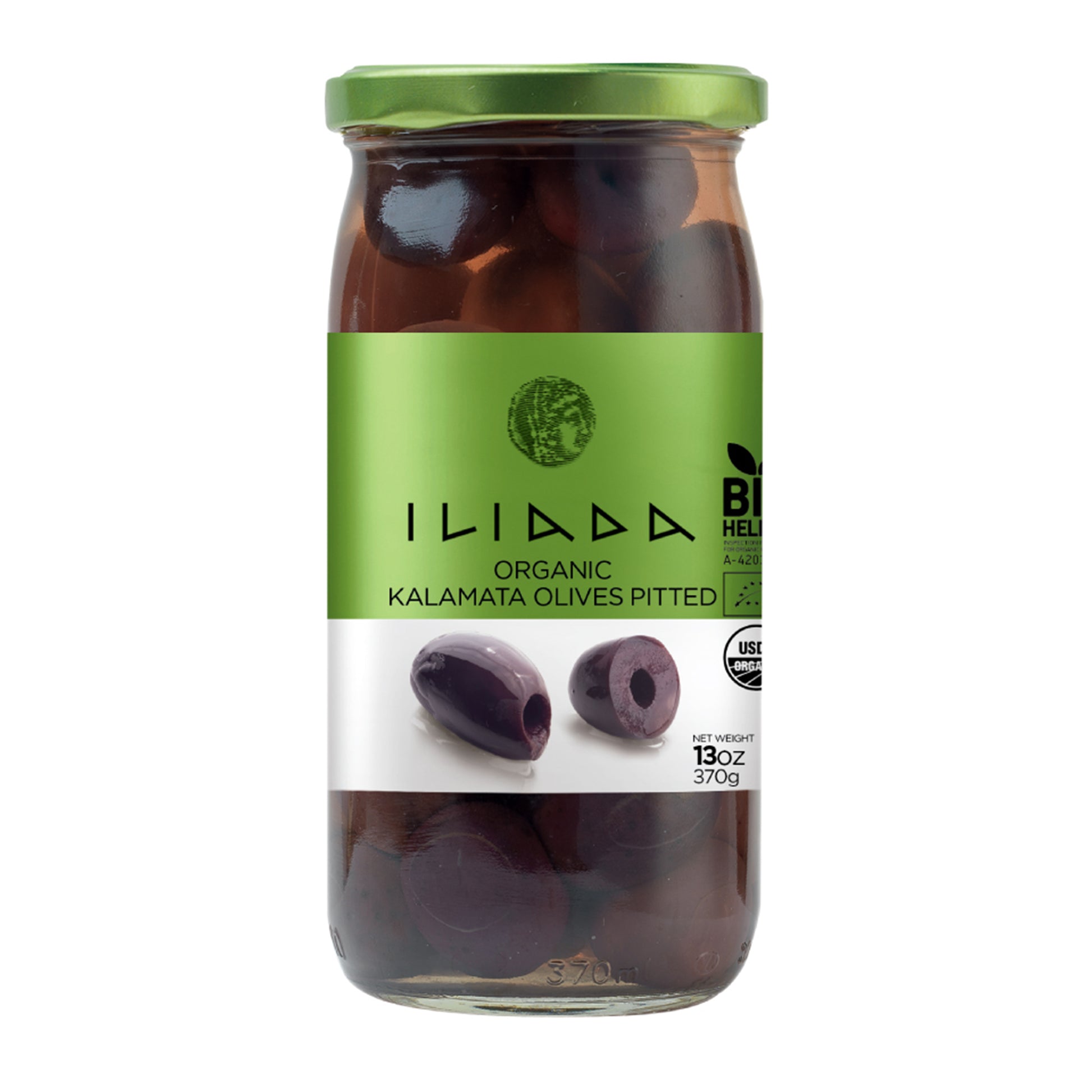 Jar of Iliada Organic Kalamata Olives on a white background