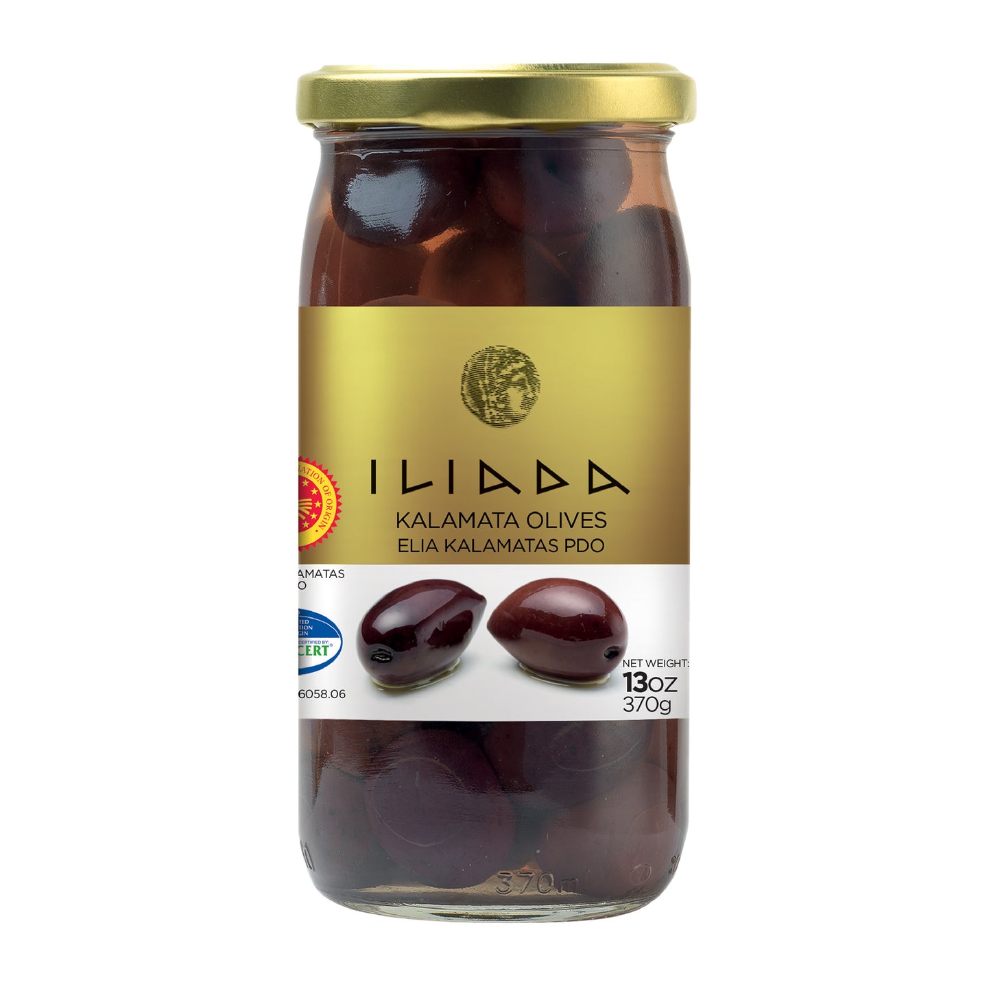 Jar of Iliada Kalamata Olives with a gold lid on a white background