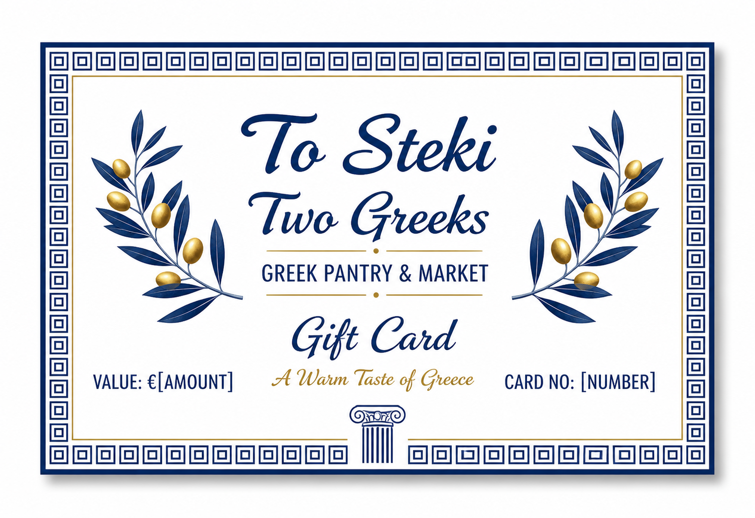 Gift card design for 'Two Greeks Greek Pantry & Market' with decorative elements and text.