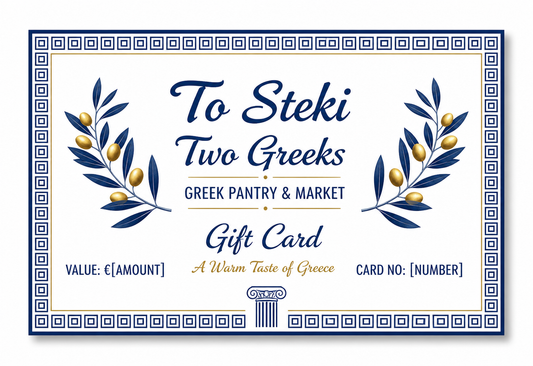Gift card design for 'Two Greeks Greek Pantry & Market' with decorative elements and text.