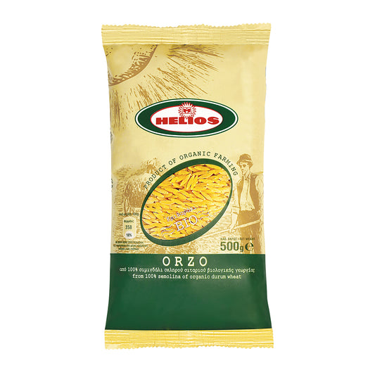 Bag of Helios organic orzo pasta showing small rice-shaped pasta grains, 500g packaging