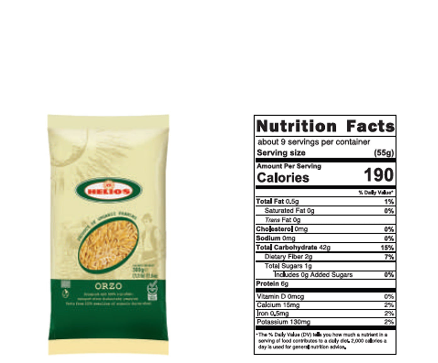 Product image of Helios organic orzo pasta package alongside nutrition facts label showing calories and serving information