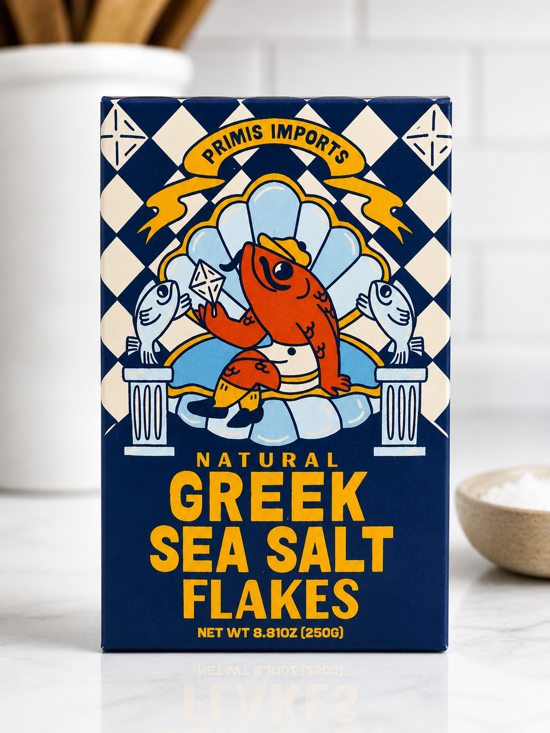 Box of Primis Imports Natural Greek Sea Salt Flakes with colorful design on a white background