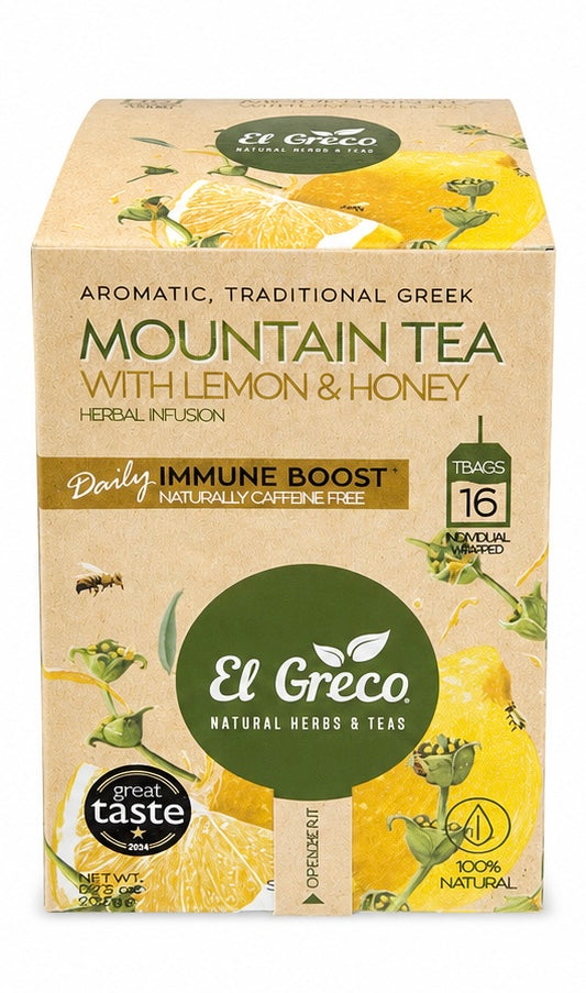 Box of El Greco mountain tea with lemon and honey on a white background
