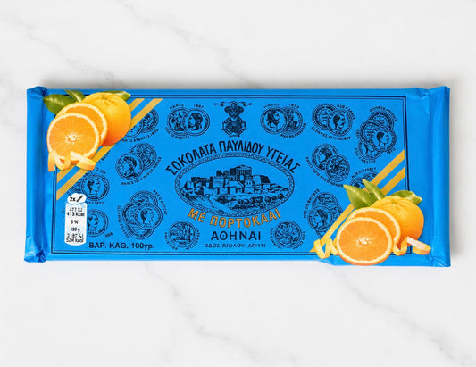 Pavlidis Greek dark chocolate bar with orange pieces, authentic bittersweet chocolate from Greece, 100g