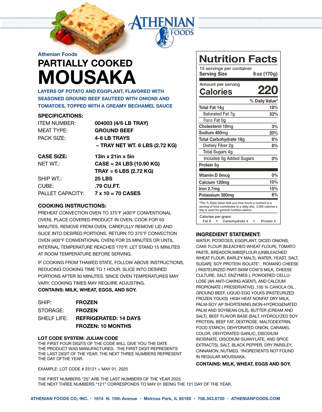 Athenian Moussaka – Traditional Greek Eggplant & Potato Casserole 6 lbs Tray