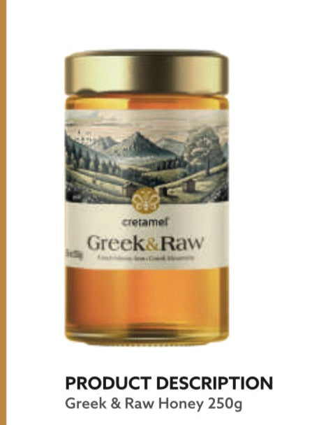 Nutrition label and product details for a jar of Greek & Raw honey.