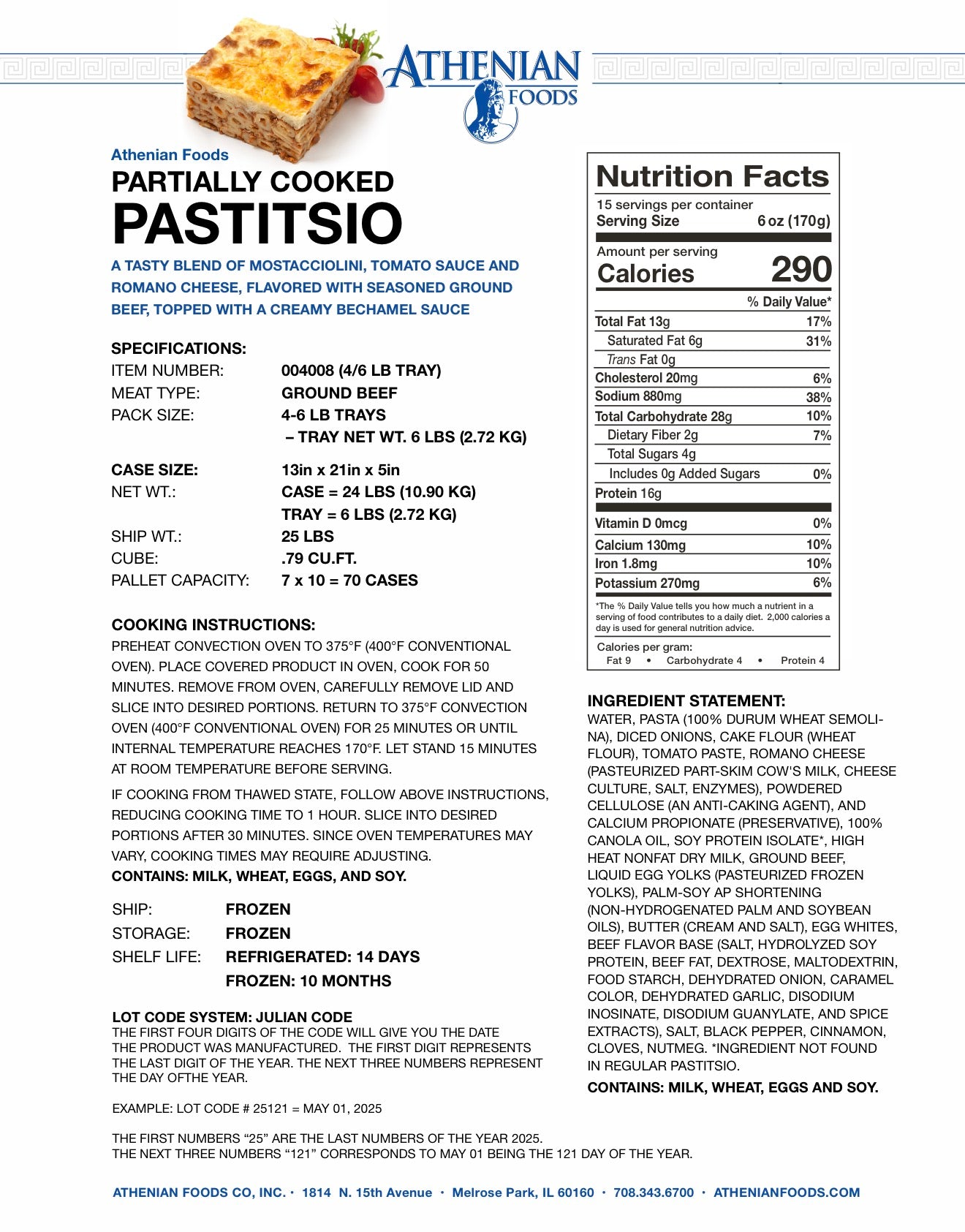 Athenian Pastitsio (Greek Lasagna) 6 lb Tray