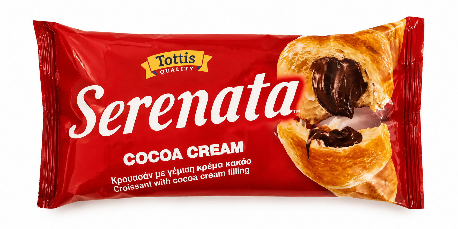 Red package of Tottis Serenata cocoa cream croissant on a white background
