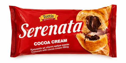 Red package of Tottis Serenata cocoa cream croissant on a white background