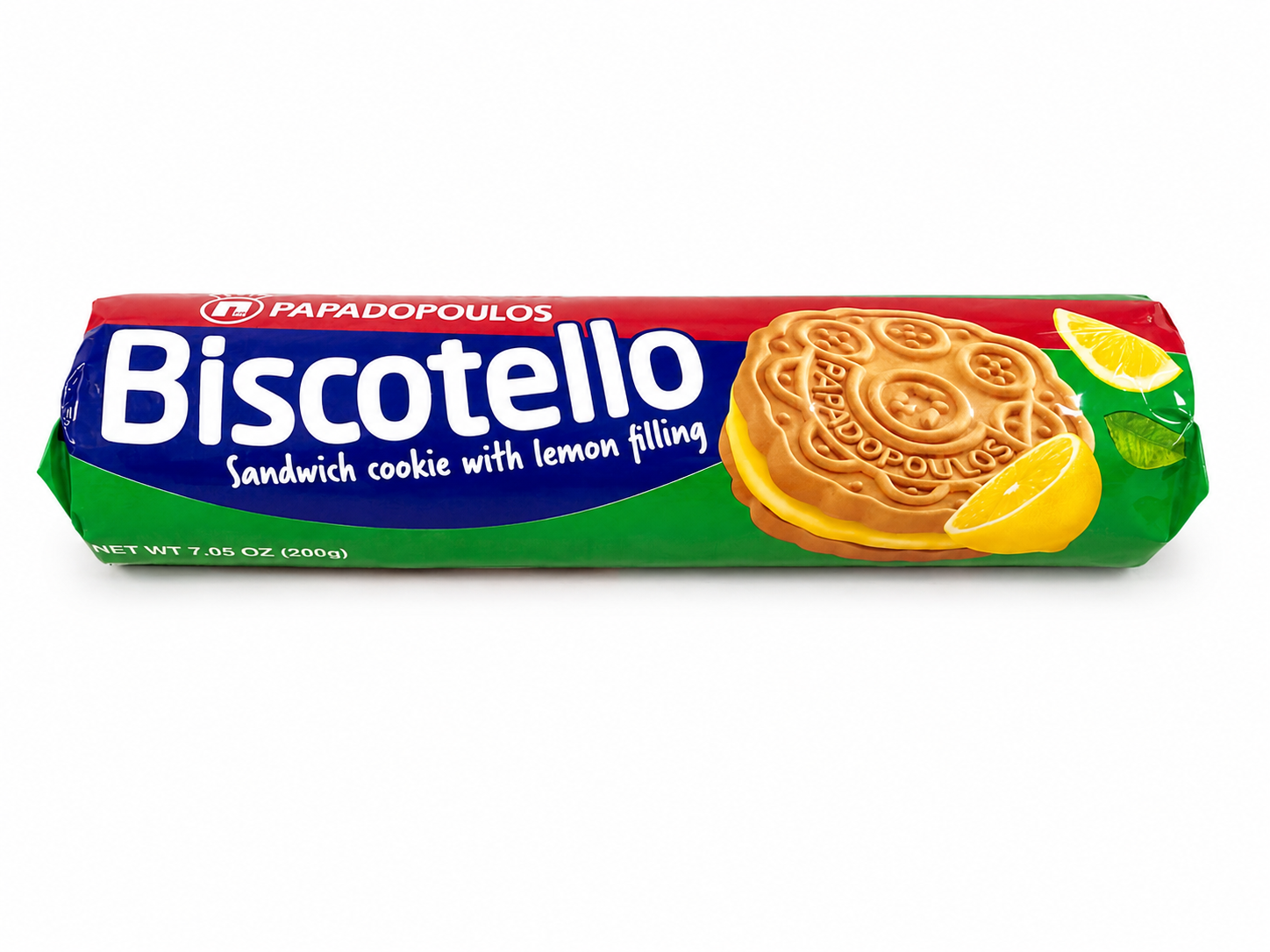 Package of Papadopoulos Biscotello lemon sandwich cookies featuring golden sandwich cookies with lemon filling on a white background