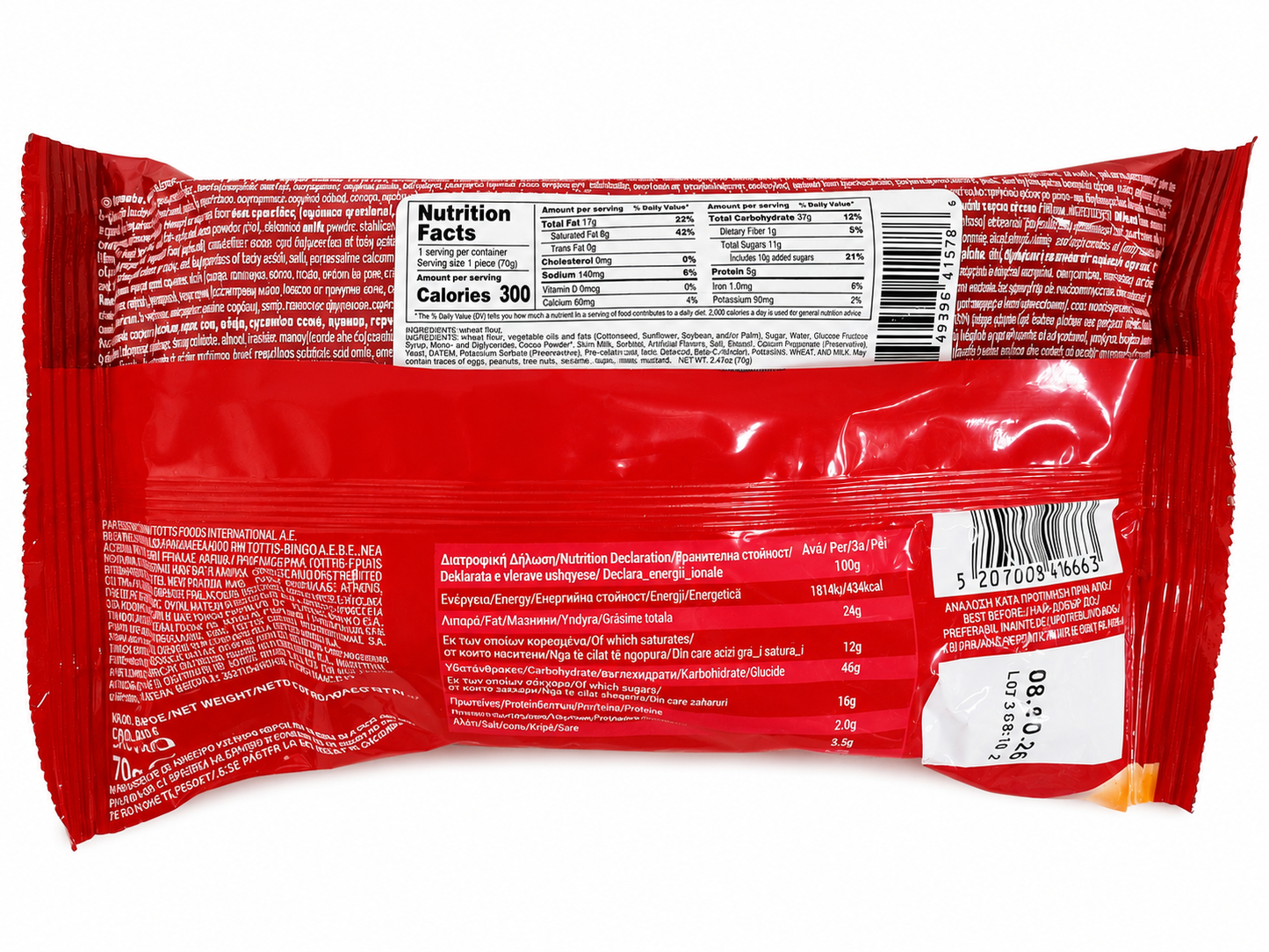 Red snack package with nutrition facts label on a white background