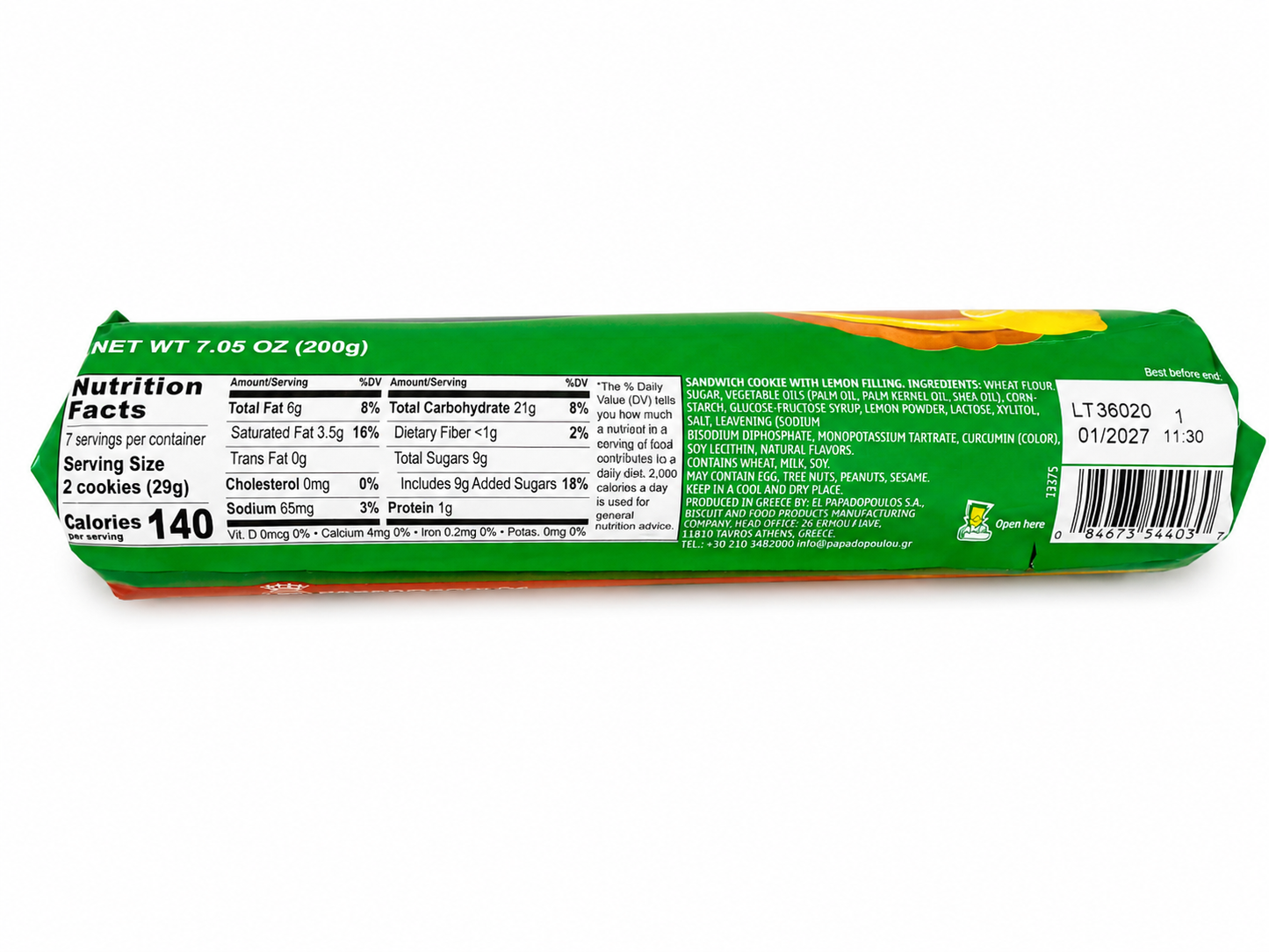 Back of Papadopoulos Biscotello lemon sandwich cookies package showing nutrition facts, ingredients, allergen information, and barcode on a white background