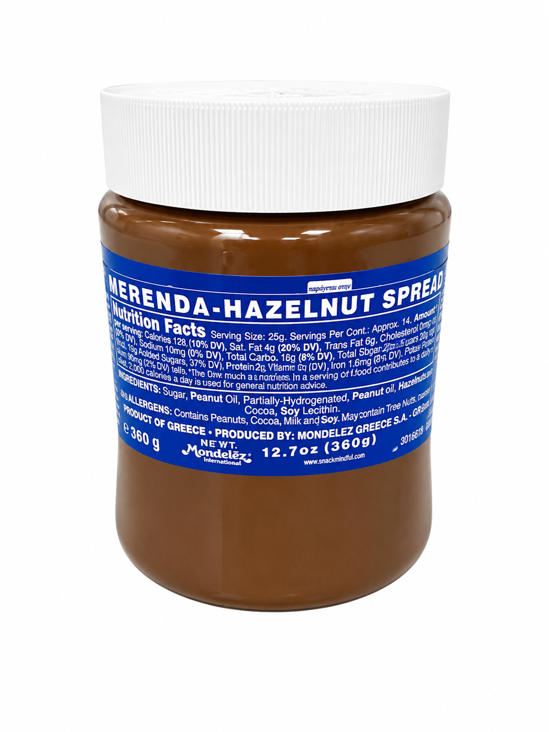 Jar of Merenda Hazelnut Spread with blue label on a white background