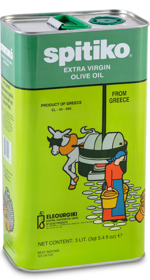 Spitiko extra virgin olive oil can with green and yellow design