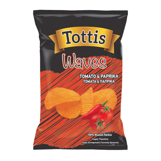 Tottis Waves Tomato & Paprika flavored chips packaging on a white background