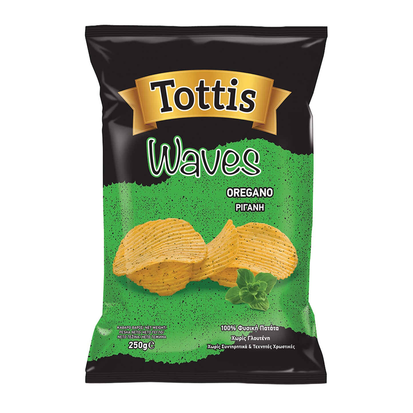 Tottis Waves Oregano potato chips packaging on a white background